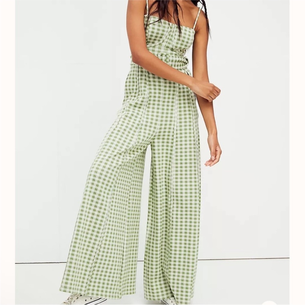 Free People Hold Me Tight Jumpsuit Small NWOT Green Gingham - Picture 3 of 10